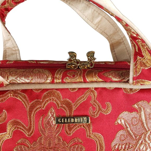 Celebrity Large Zippered Travel Jewelry Makeup Bag Case Red Gold Brocade - Picture 2 of 12